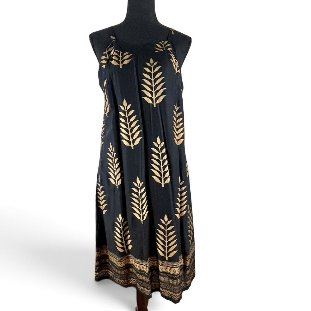 Lapogee Black Gold Metallic Leaf Dress Sz S-M Resort Cruise Wear Made in India